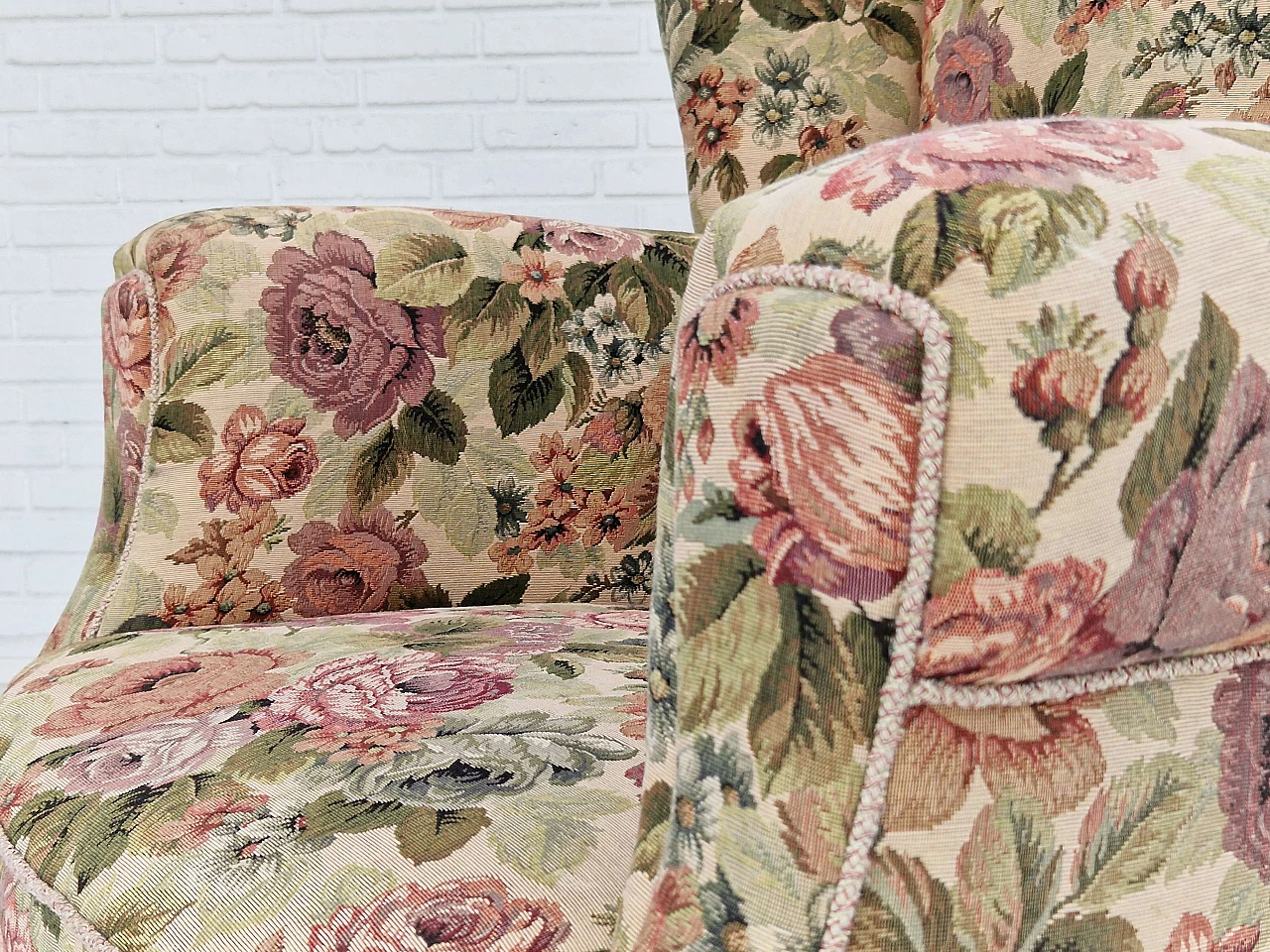 Danish floral patterned armchair with oak legs, 1950s 12