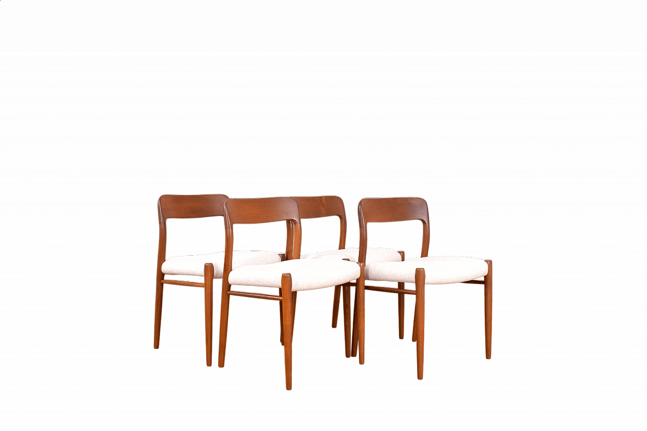 4 Chairs 75 in solid teak and leather by N. O. Møller for J.L. Møller, 1960s 14