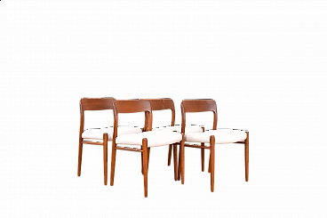4 Chairs 75 in solid teak and leather by N. O. Møller for J.L. Møller, 1960s