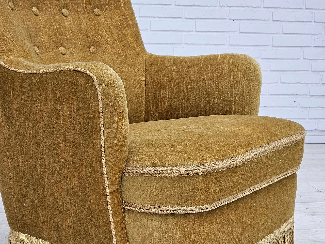 Danish beech and light green velvet armchair with tassels, 1960s 3