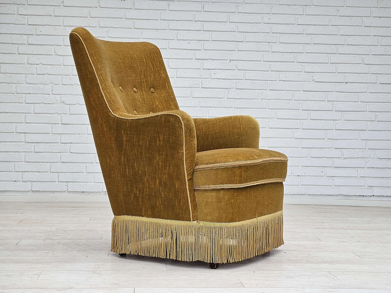 Danish beech and light green velvet armchair with tassels, 1960s 4
