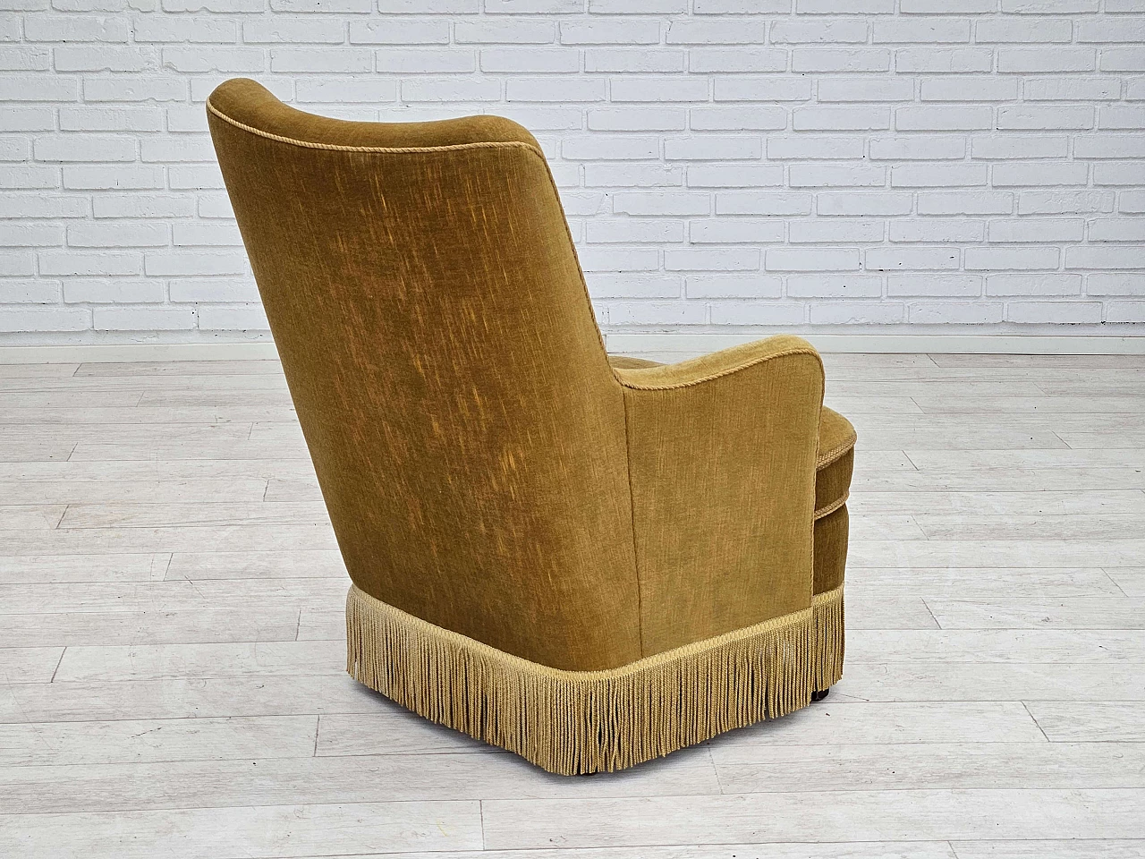 Danish beech and light green velvet armchair with tassels, 1960s 6
