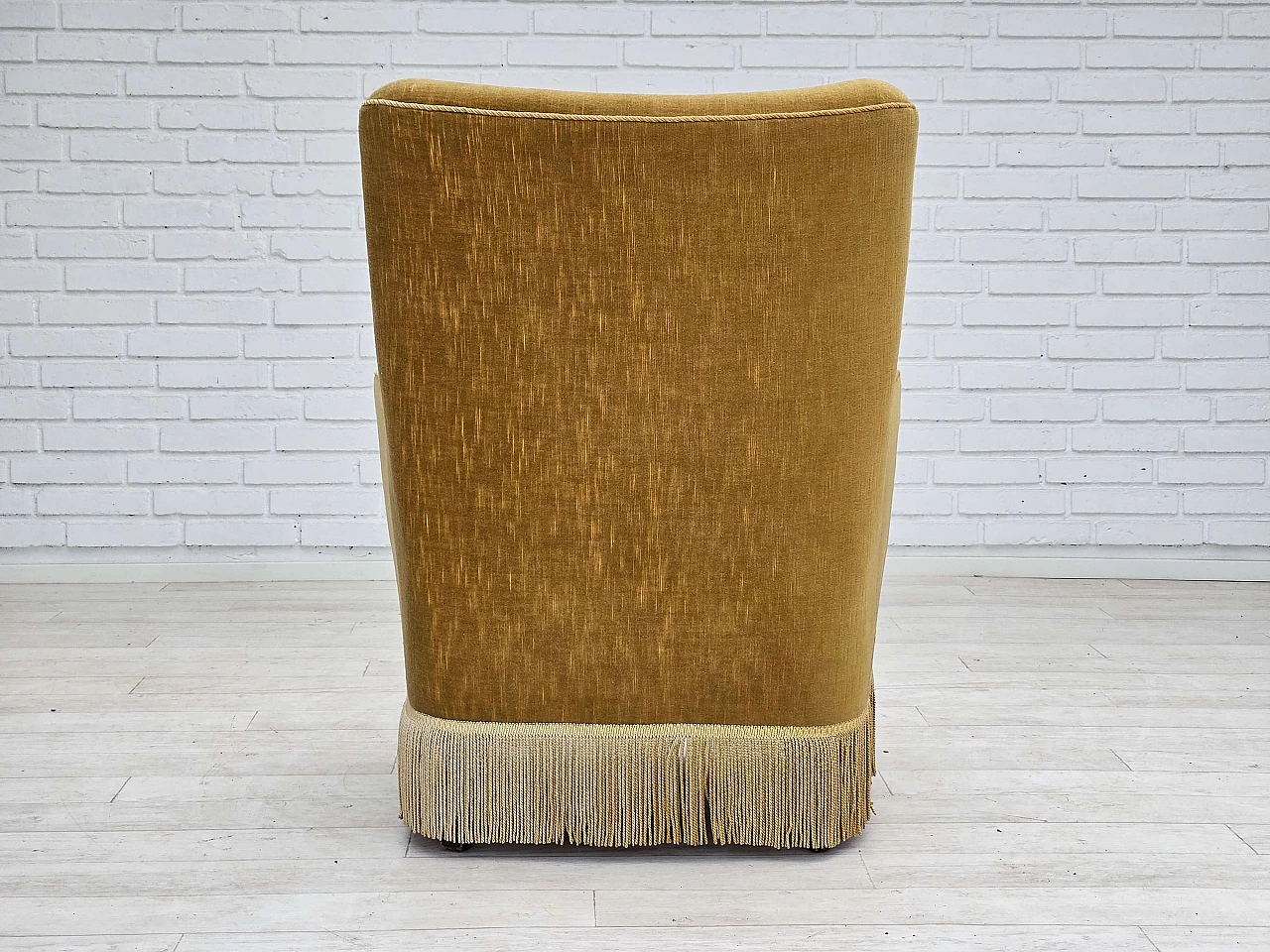 Danish beech and light green velvet armchair with tassels, 1960s 8