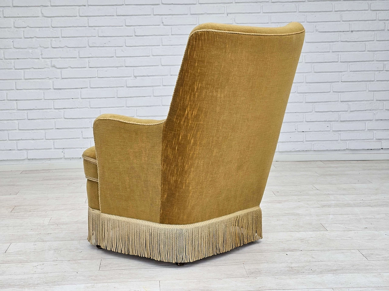 Danish beech and light green velvet armchair with tassels, 1960s 9