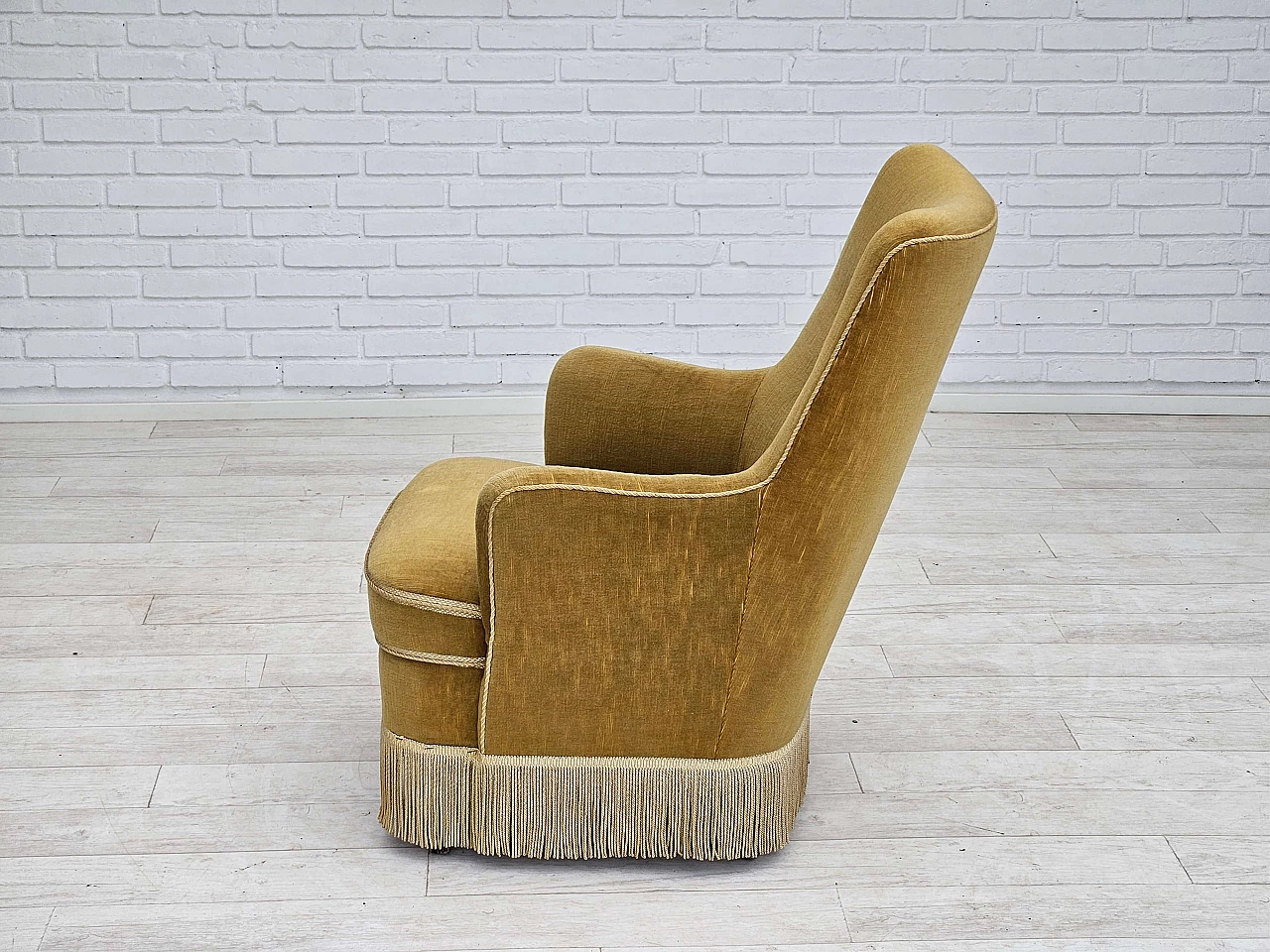 Danish beech and light green velvet armchair with tassels, 1960s 10