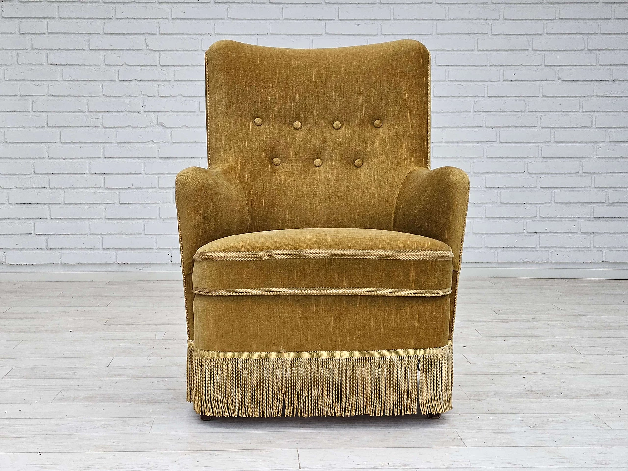 Danish beech and light green velvet armchair with tassels, 1960s 11