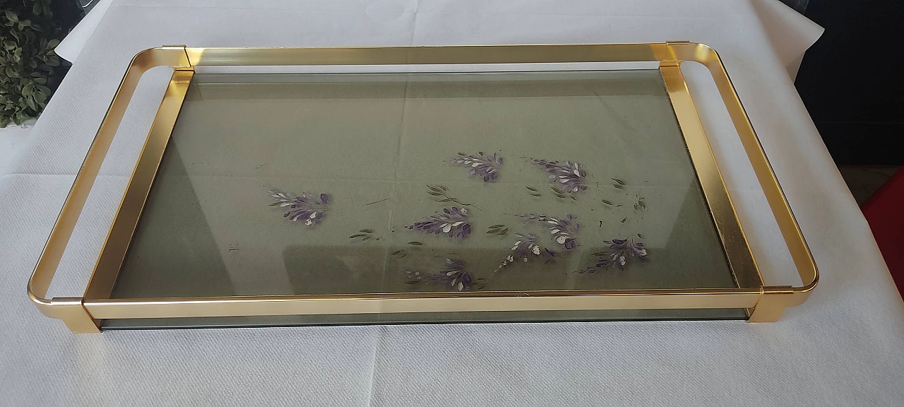 Brass and decorated smoked glass serving tray, 1950s 2
