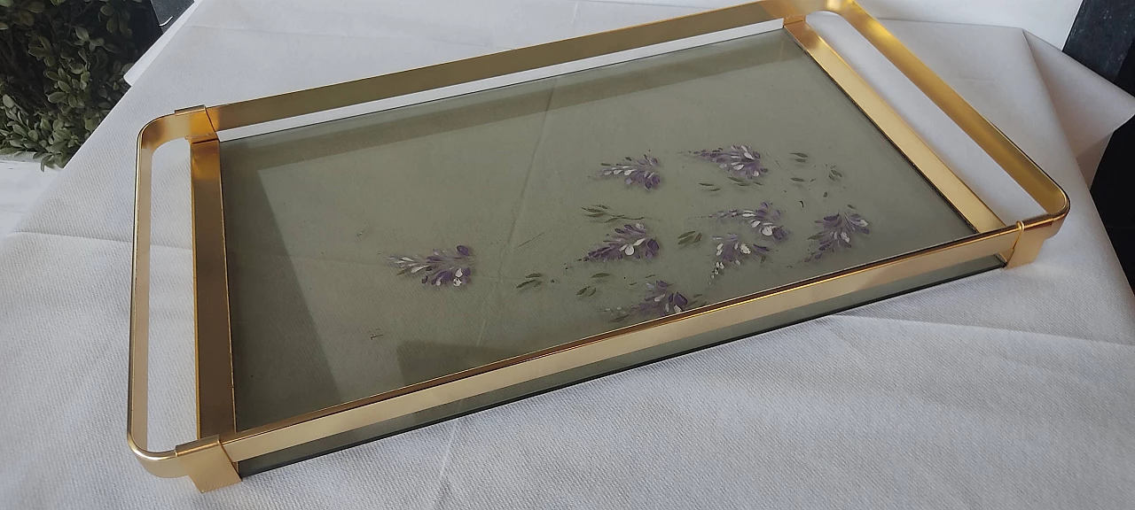 Brass and decorated smoked glass serving tray, 1950s 5