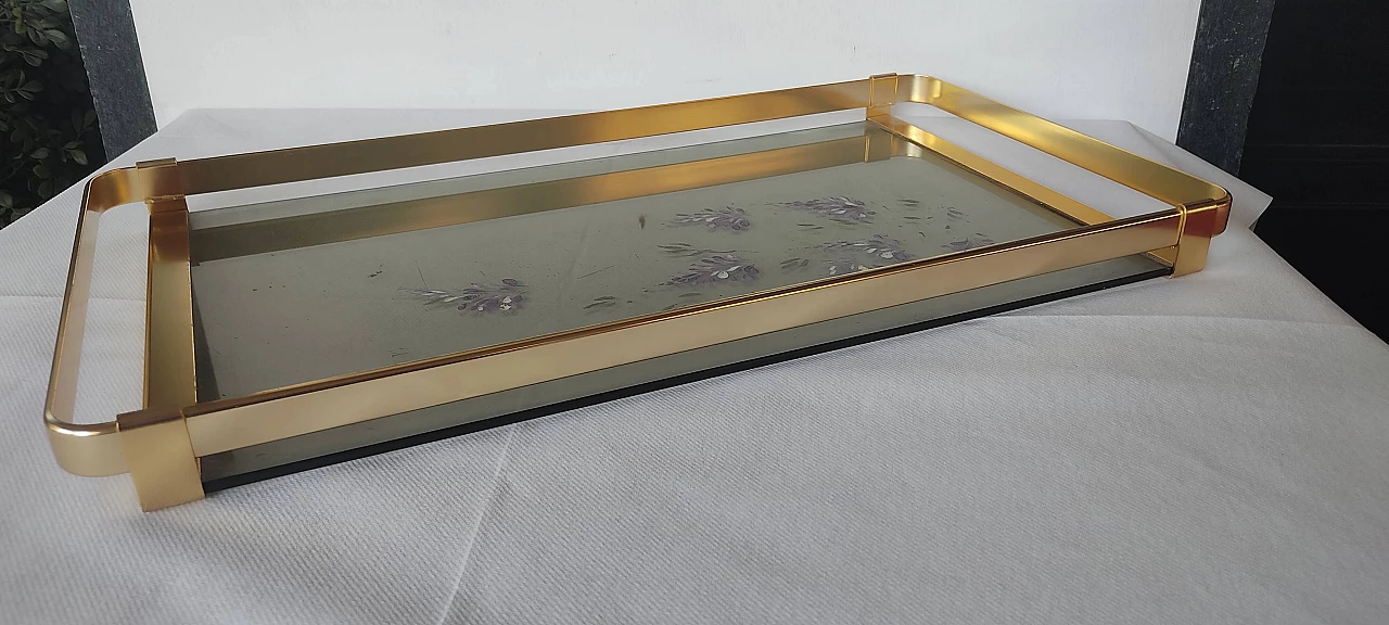 Brass and decorated smoked glass serving tray, 1950s 6