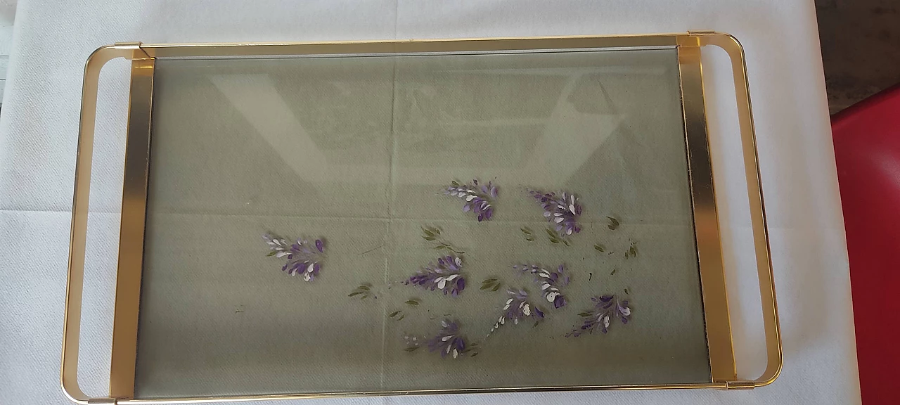 Brass and decorated smoked glass serving tray, 1950s 9