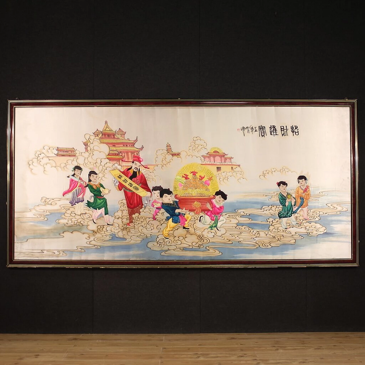 Pannello decorativo con ricamo su seta cinese, anni '90 1