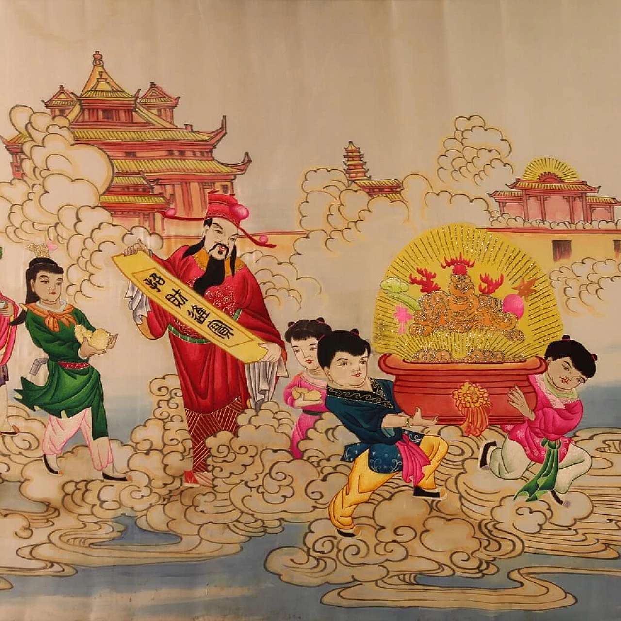 Pannello decorativo con ricamo su seta cinese, anni '90 3