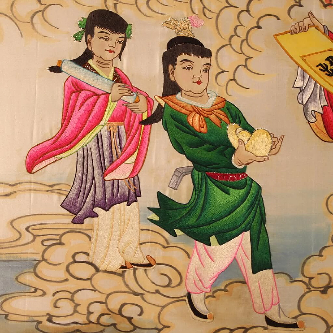 Pannello decorativo con ricamo su seta cinese, anni '90 4