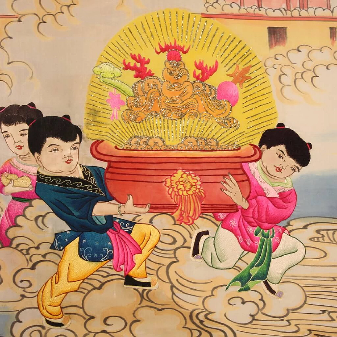 Pannello decorativo con ricamo su seta cinese, anni '90 8