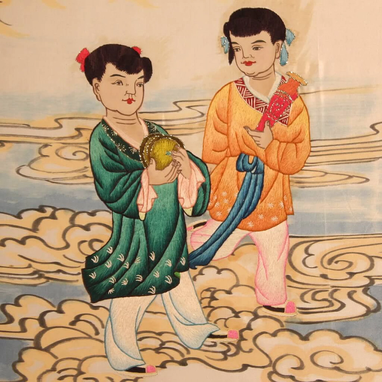 Pannello decorativo con ricamo su seta cinese, anni '90 11