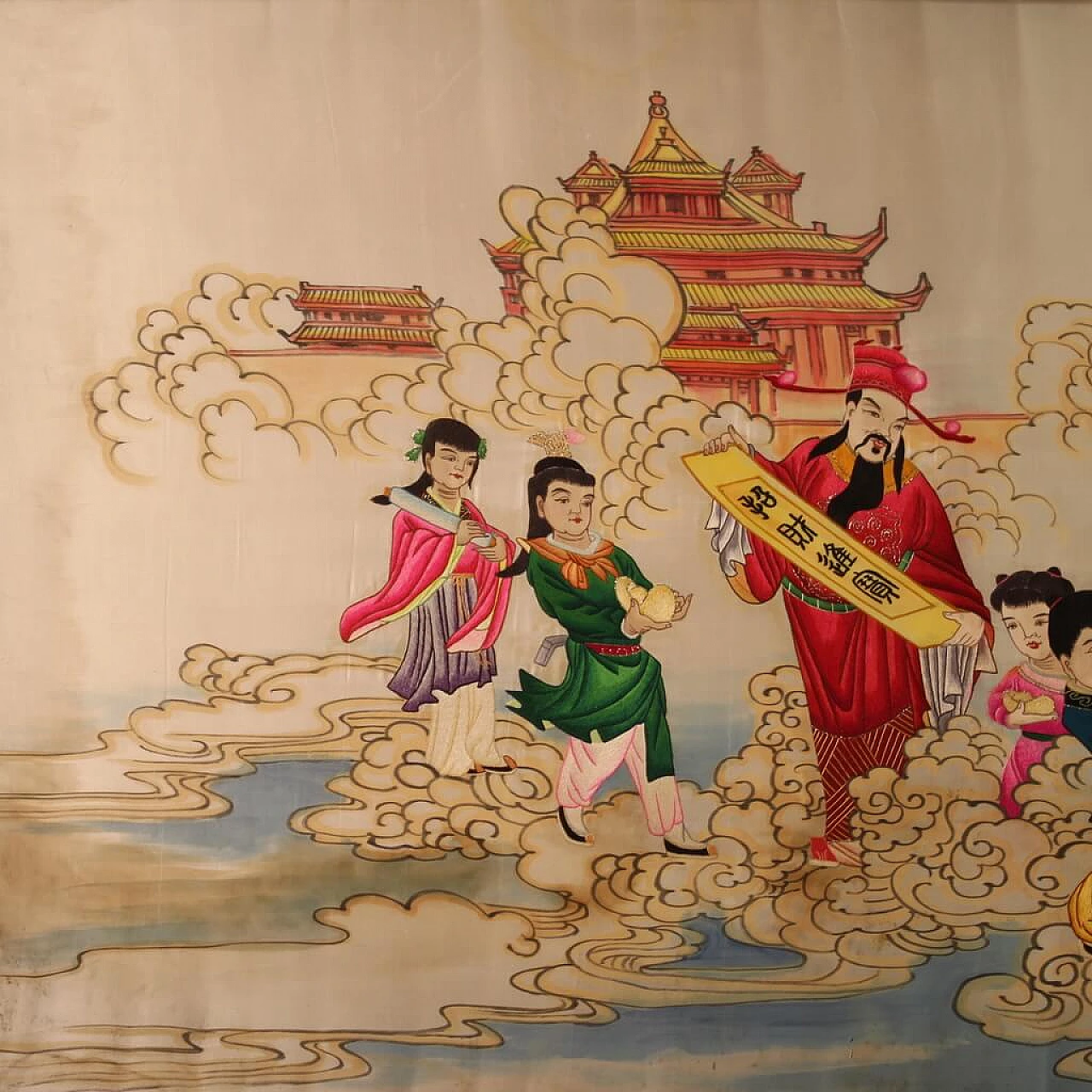 Pannello decorativo con ricamo su seta cinese, anni '90 14