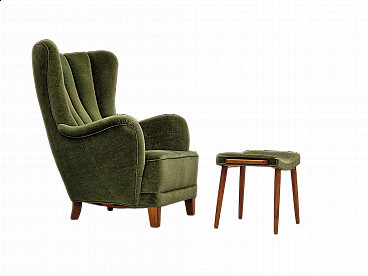 Danish velvet and oak armchair with footstool, 1960s