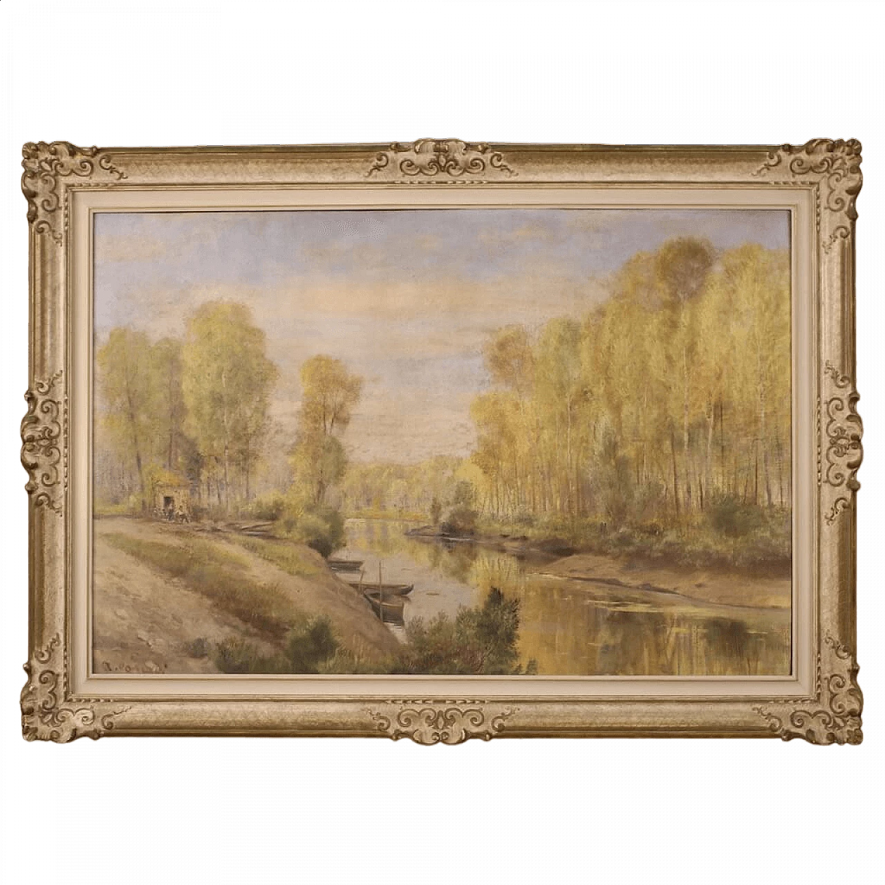 A. Corradi, Paesaggio fluviale, olio su masonite, anni '50 13