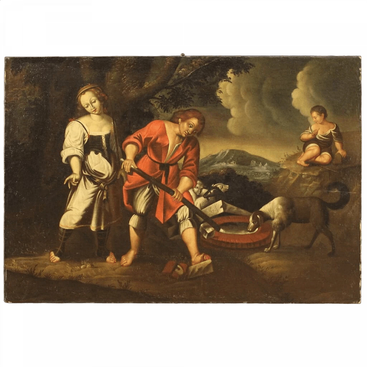 Paesaggio con figure e animali al pozzo, olio su tela, '700 16