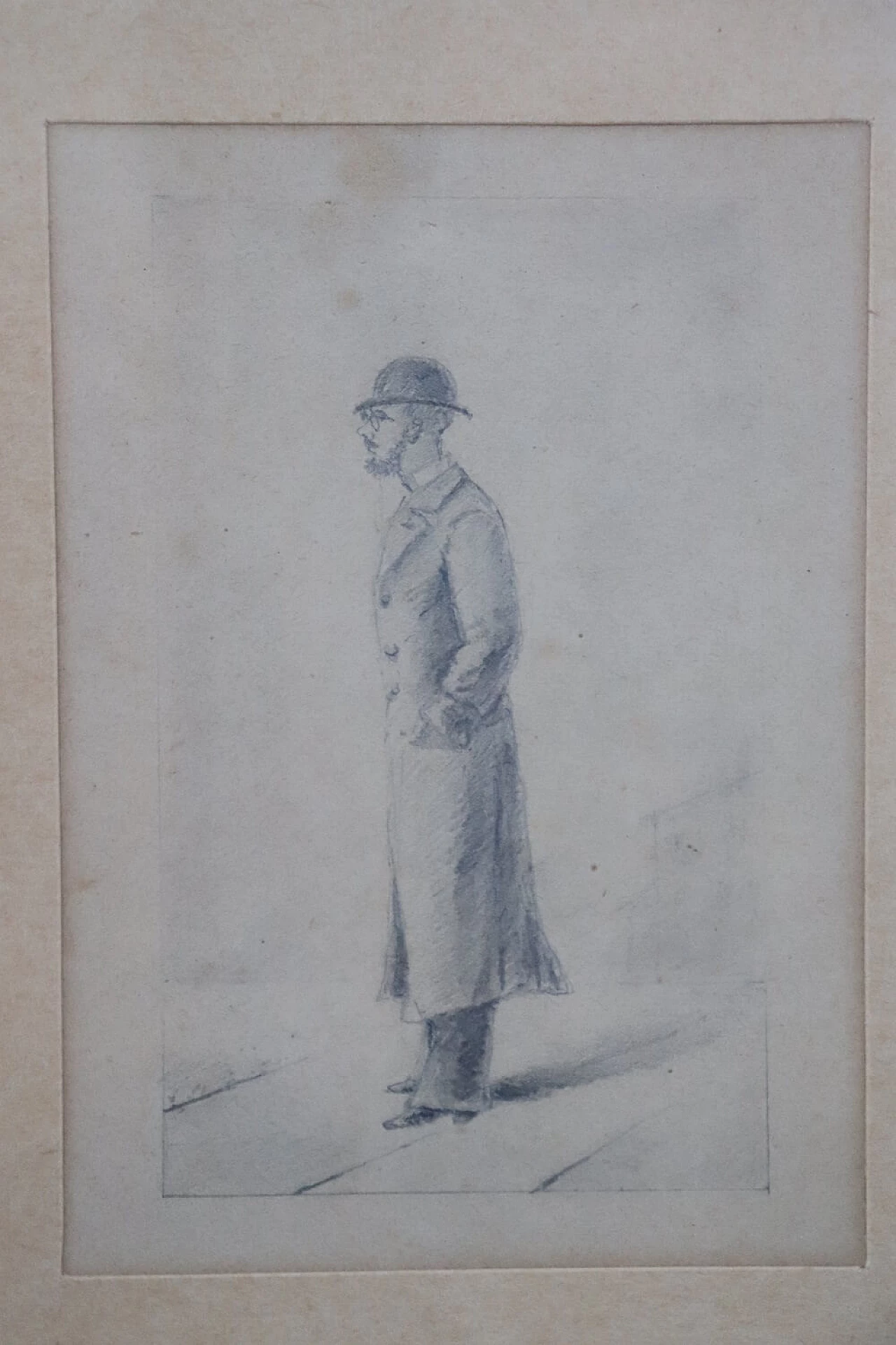 Gentleman with bowler hat, pencil drawing on paper, early 20th century 2