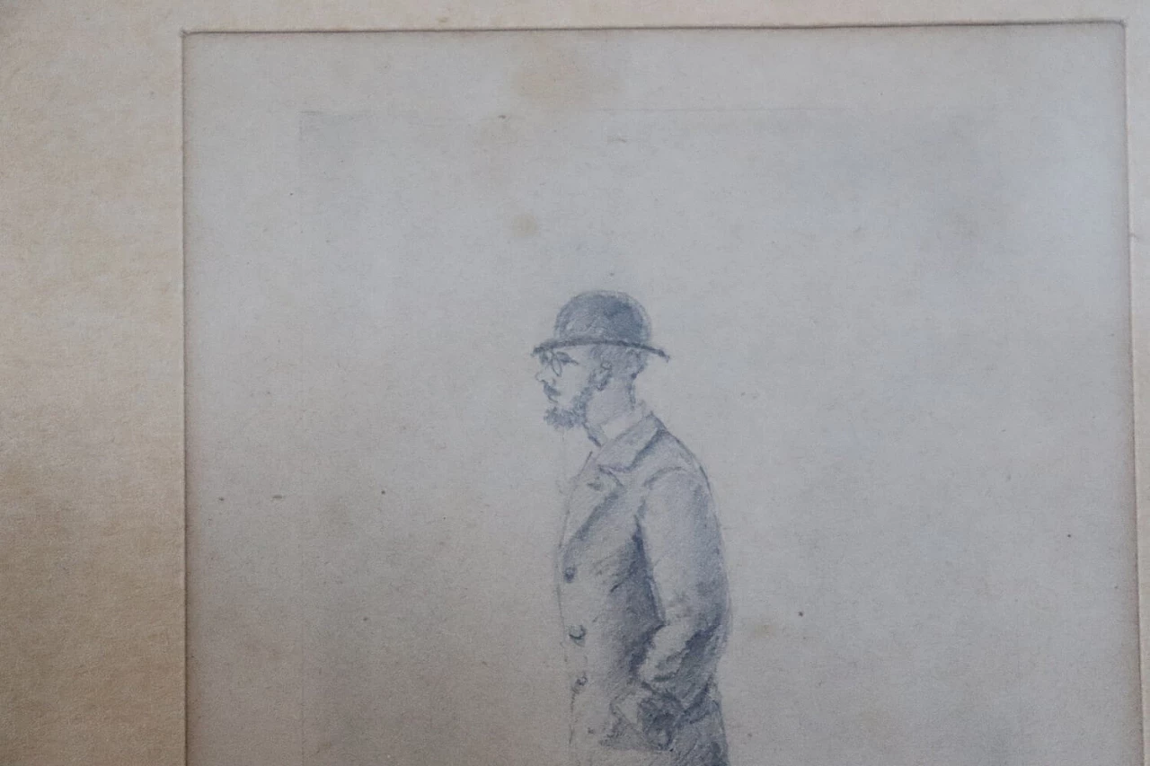 Gentleman with bowler hat, pencil drawing on paper, early 20th century 3