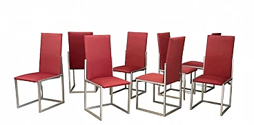 8 Chairs in nickel-plated metal and red fabric by Turri, 1970s