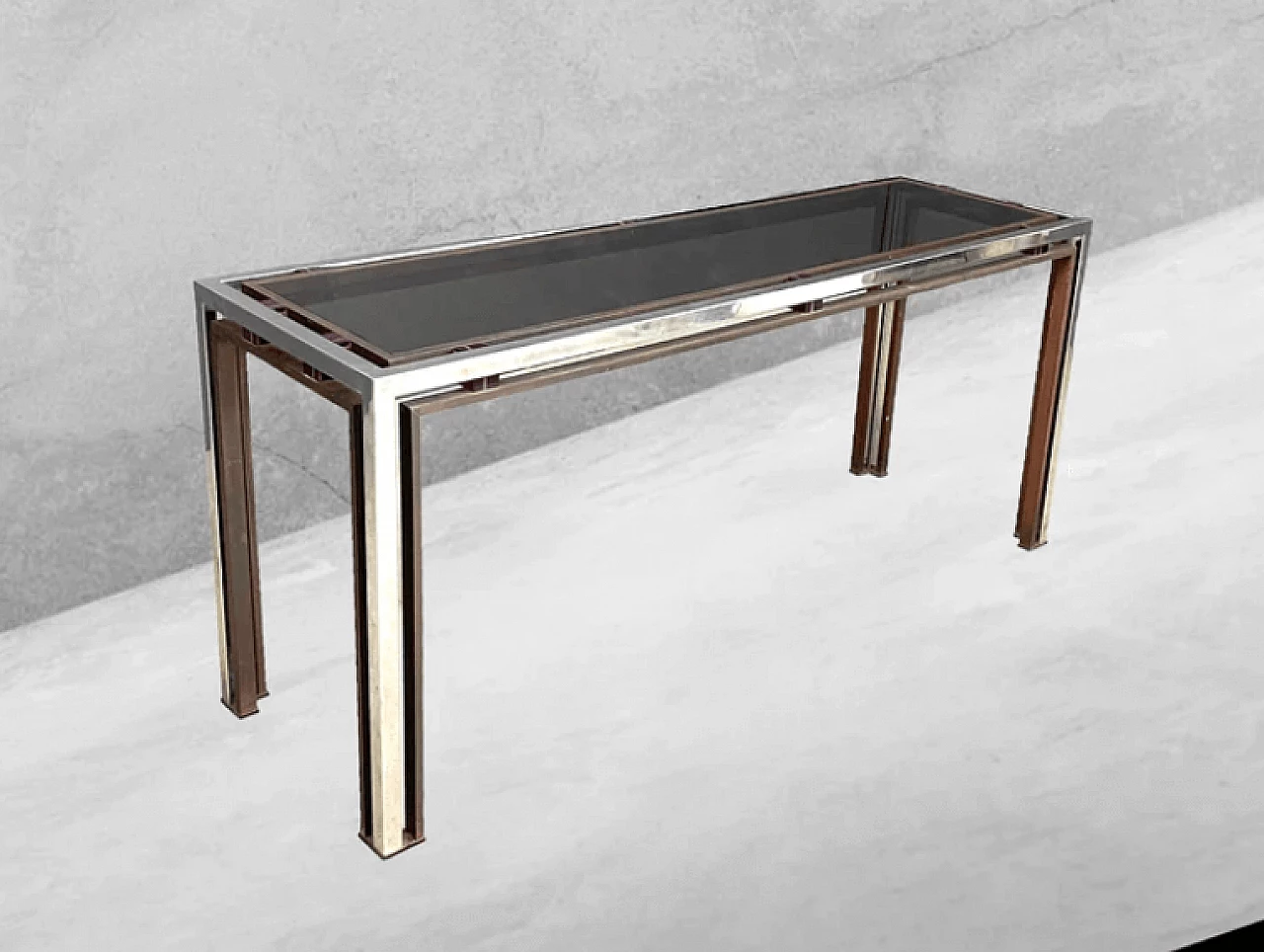 Chromed metal, brass and plexiglass console by Romeo Rega, 1970s 1