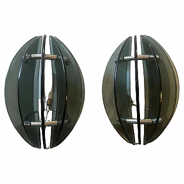 Pair of wall lamps in glass and chrome-plated metal by Veca, 1970s