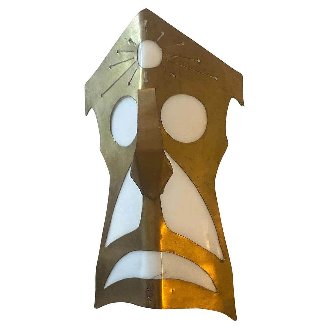 Brass and white plexiglass wall lamp with tribal mask, 1980s 3