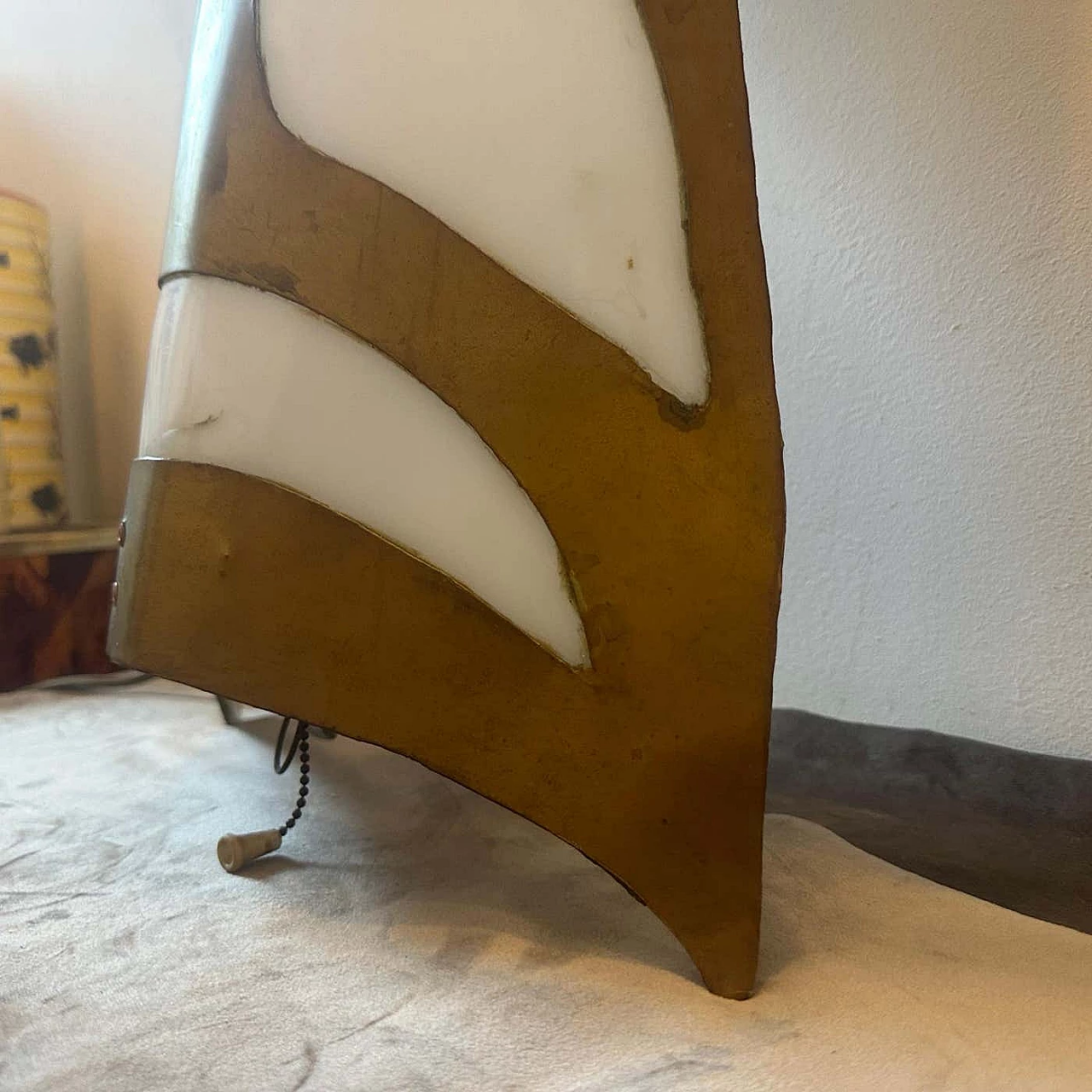 Brass and white plexiglass wall lamp with tribal mask, 1980s 9
