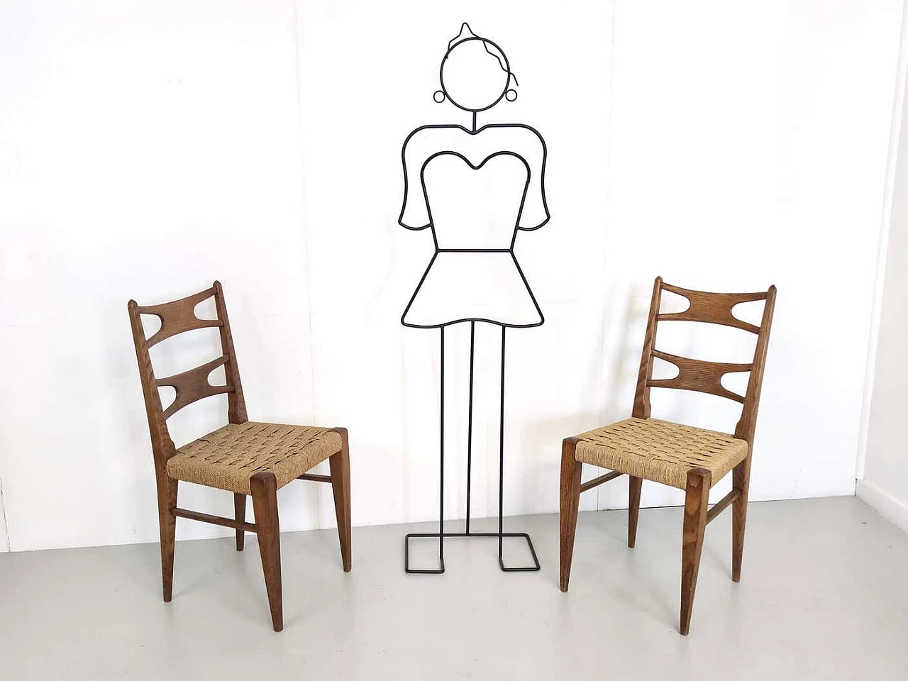 Pair of solid oak and rattan chairs, 1940s 4