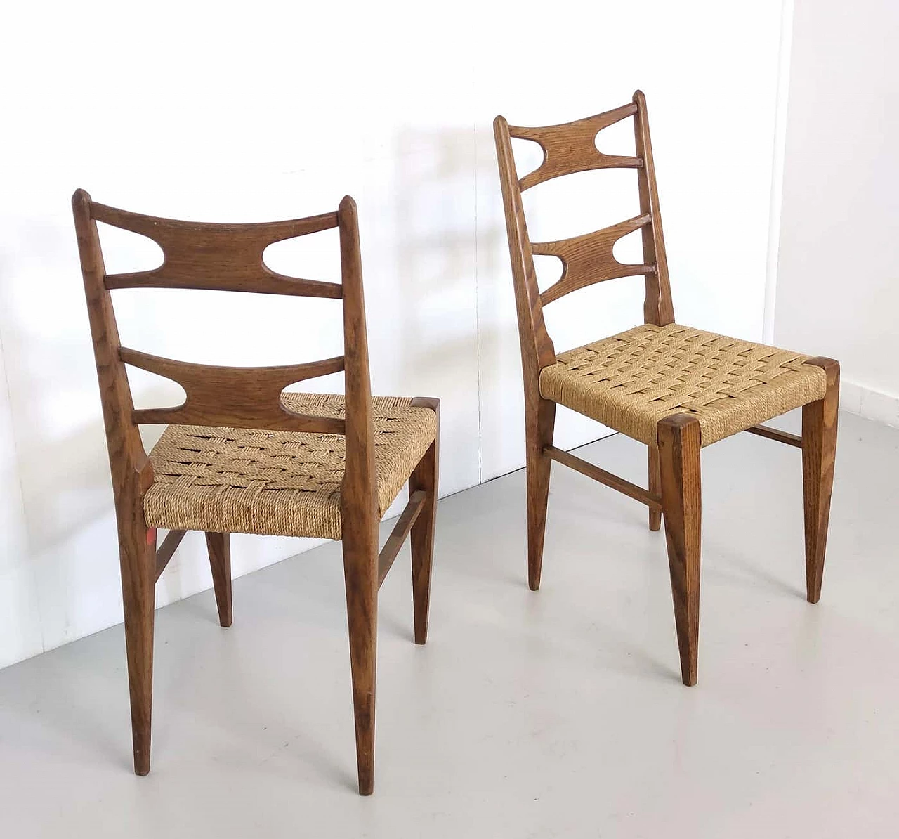 Pair of solid oak and rattan chairs, 1940s 8