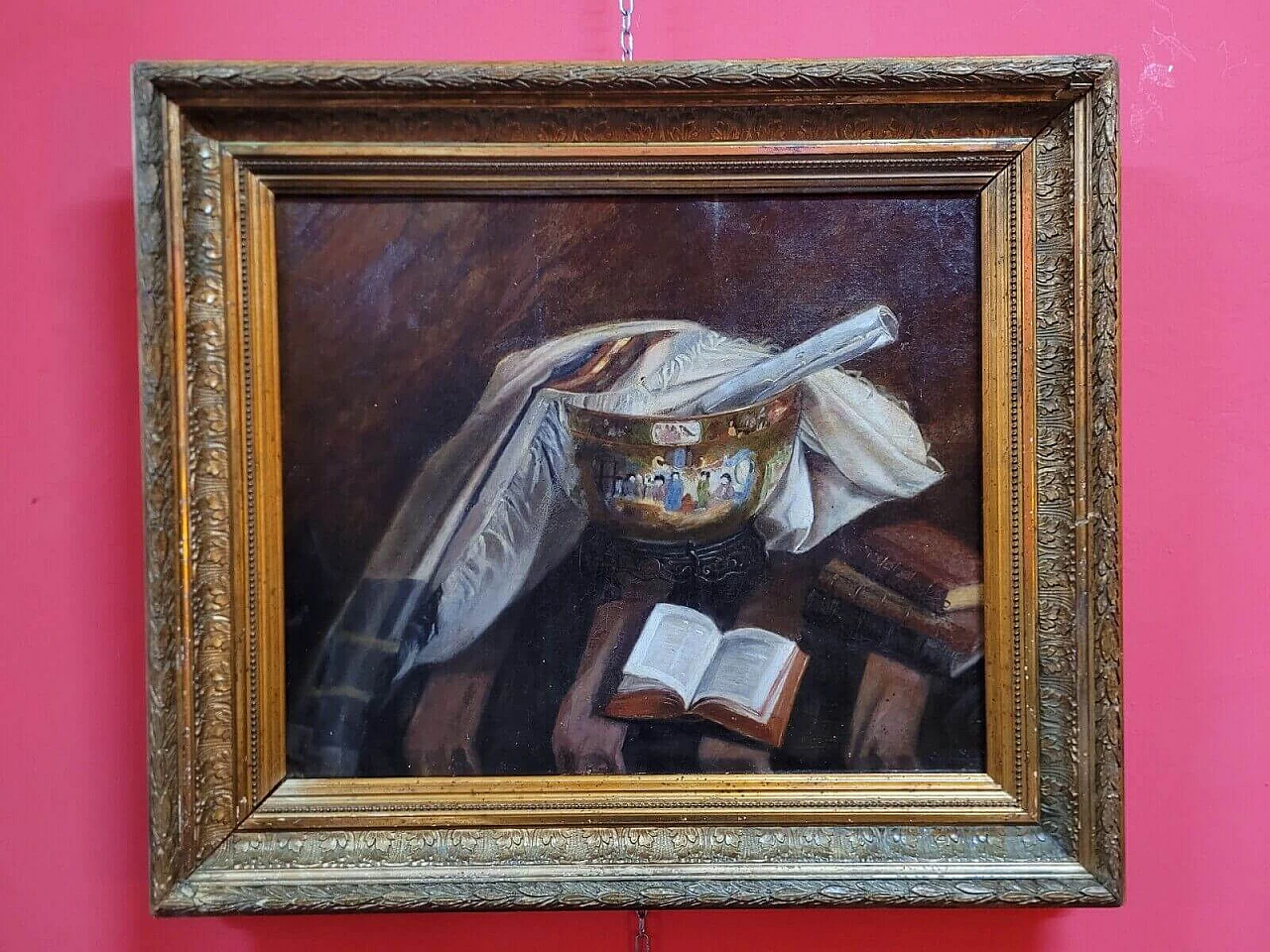 Natura morta con vaso cinese e libri, olio su tela, fine '800 1