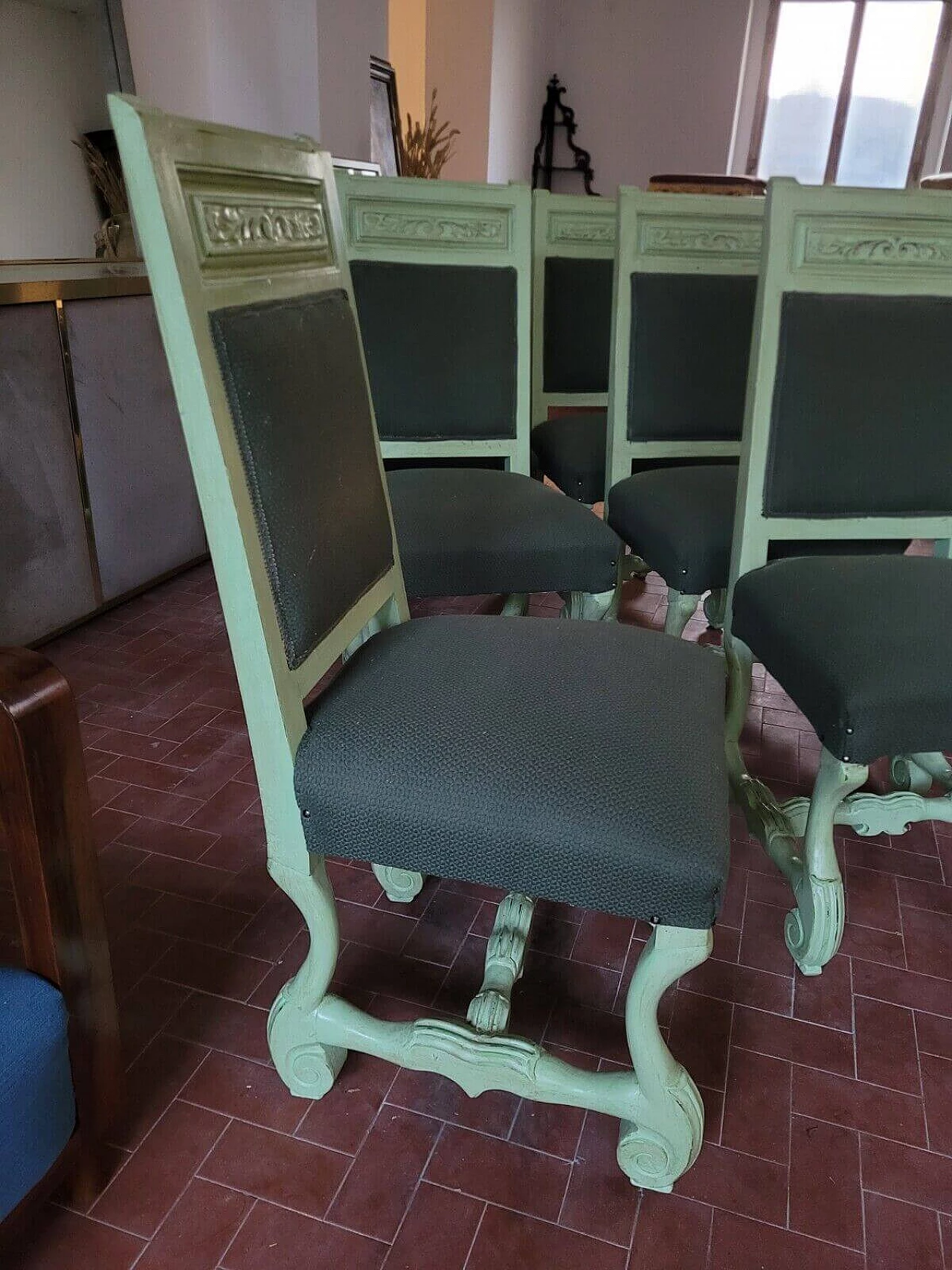 6 Sedie laccate verdi in stile settecentesco, inizio '900 5