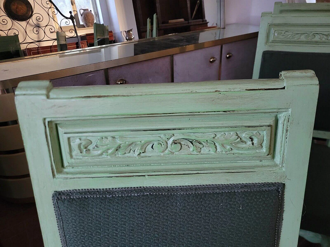 6 Sedie laccate verdi in stile settecentesco, inizio '900 12