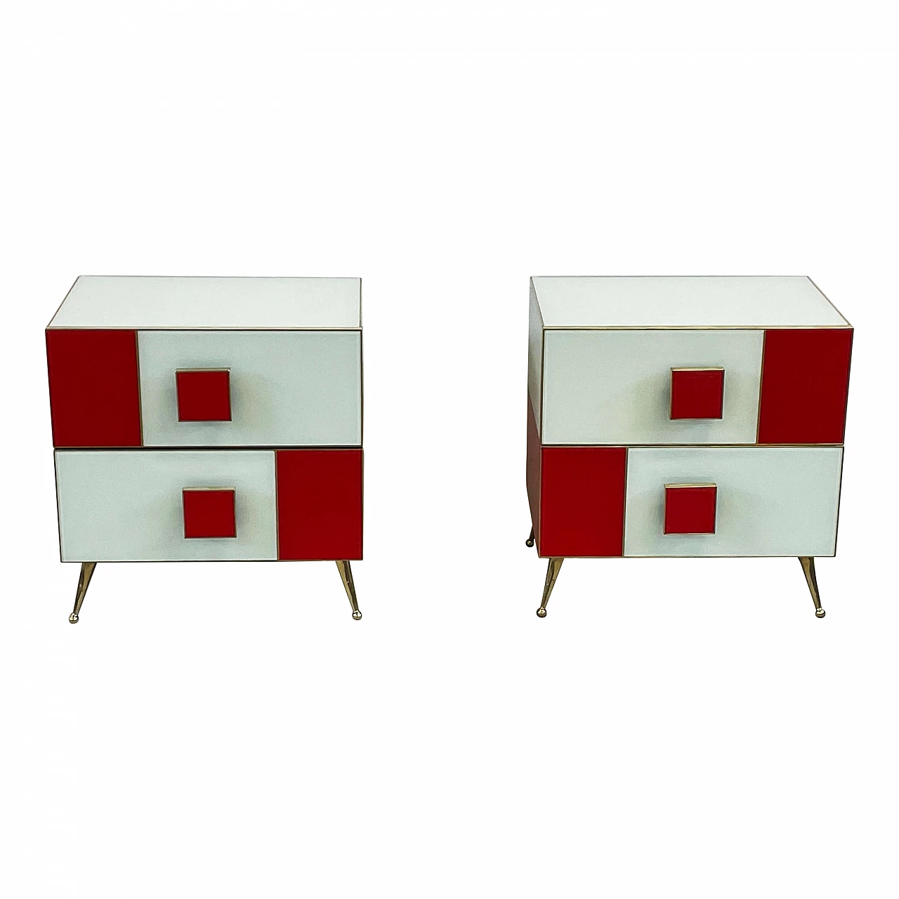 Pair of wood, brass and red and white glass bedside tables 1