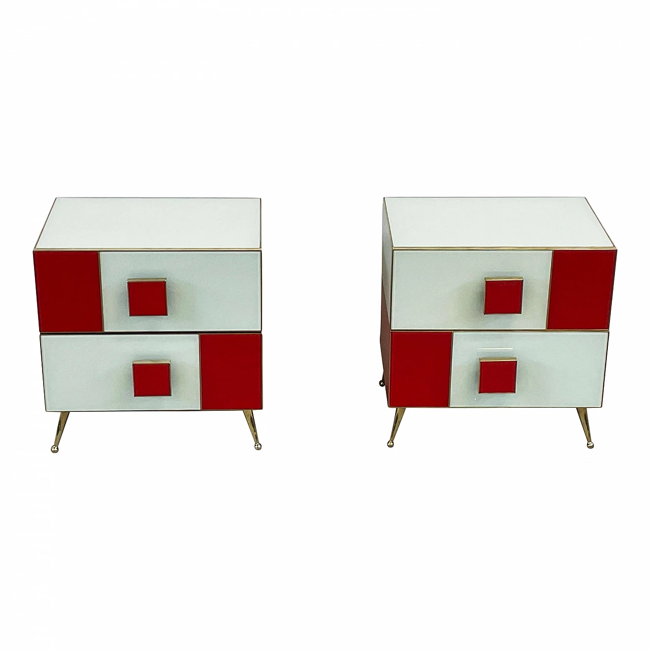 Coppia di comodini in legno, ottone e vetro bianco e rosso 2