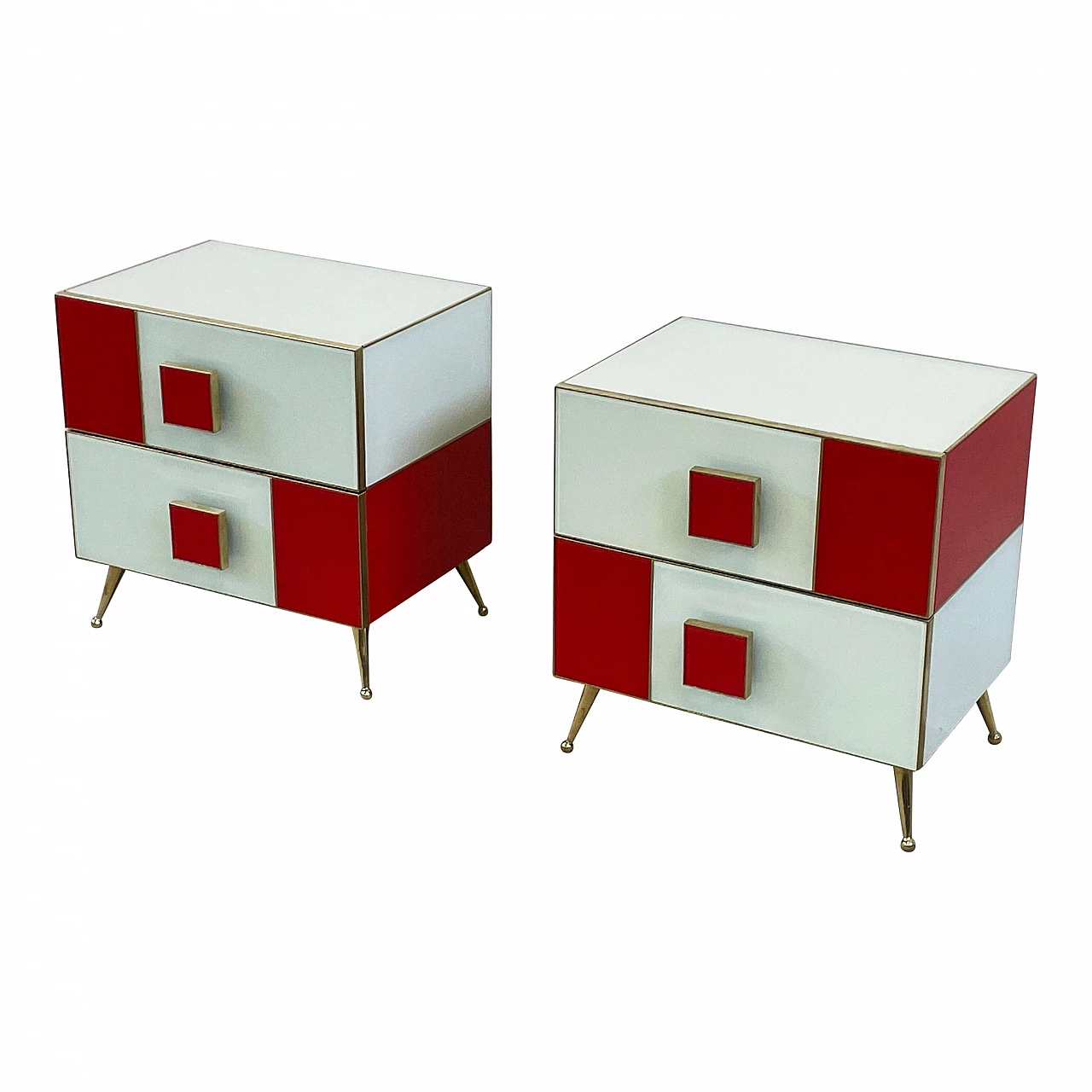 Pair of wood, brass and red and white glass bedside tables 3