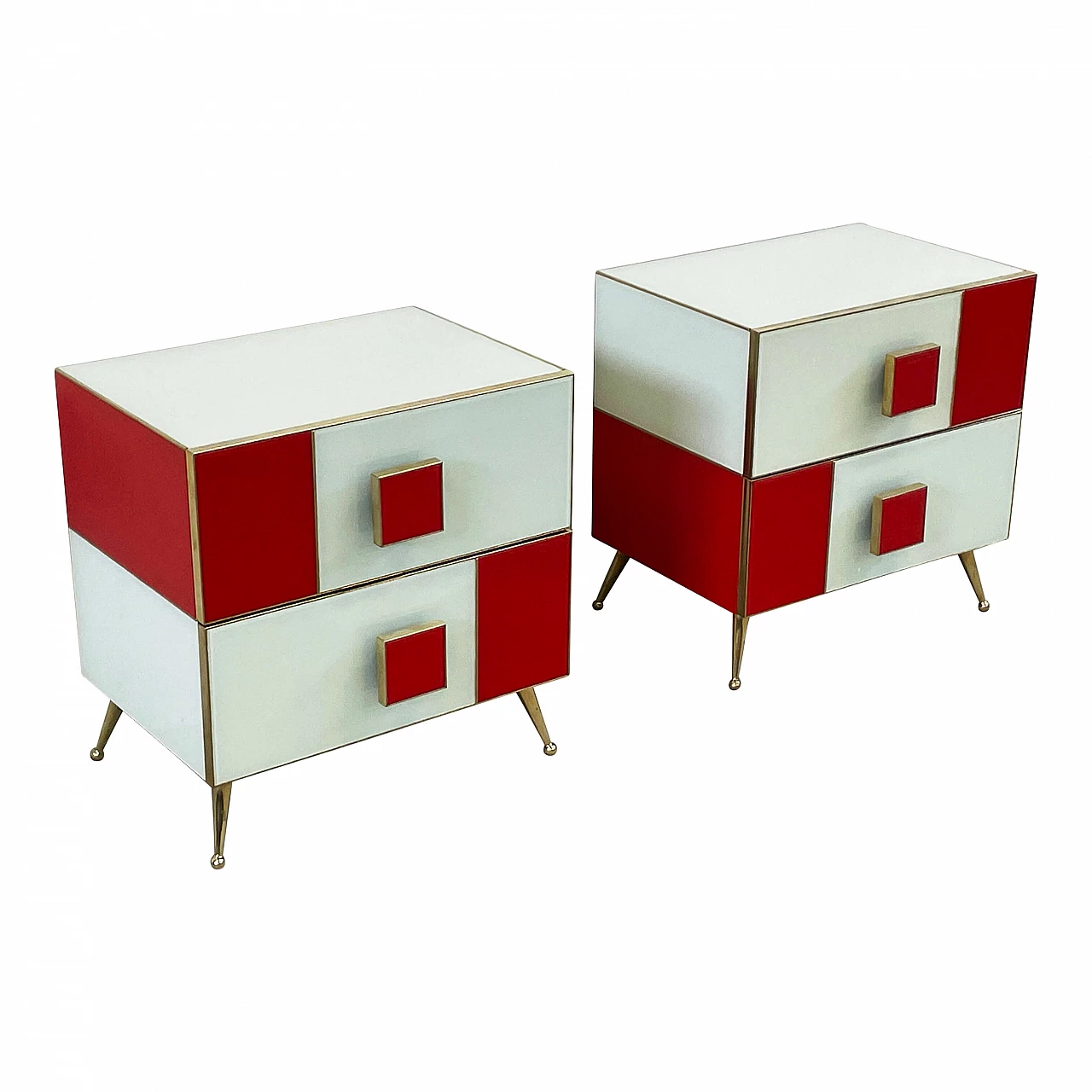 Pair of wood, brass and red and white glass bedside tables 4