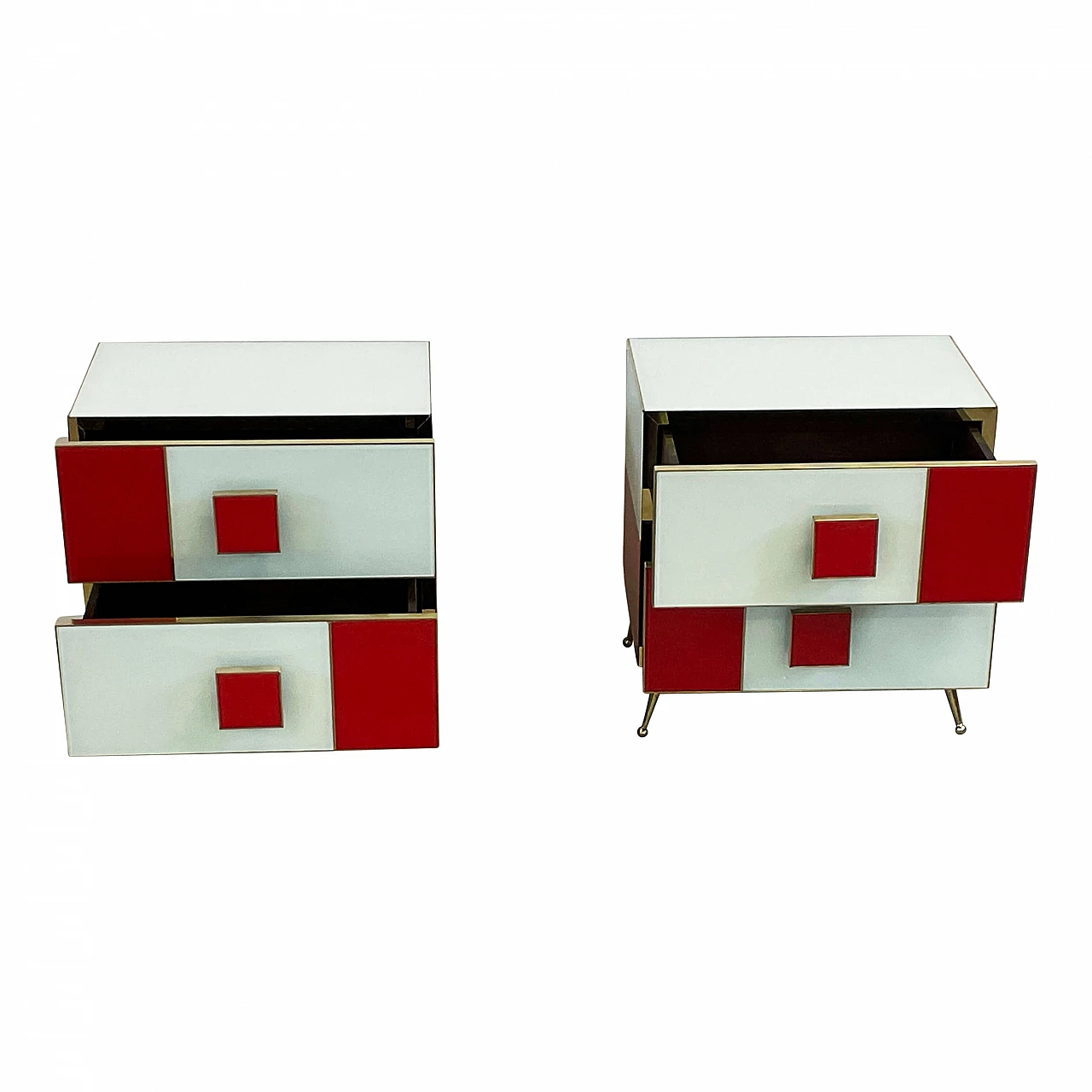 Coppia di comodini in legno, ottone e vetro bianco e rosso 5
