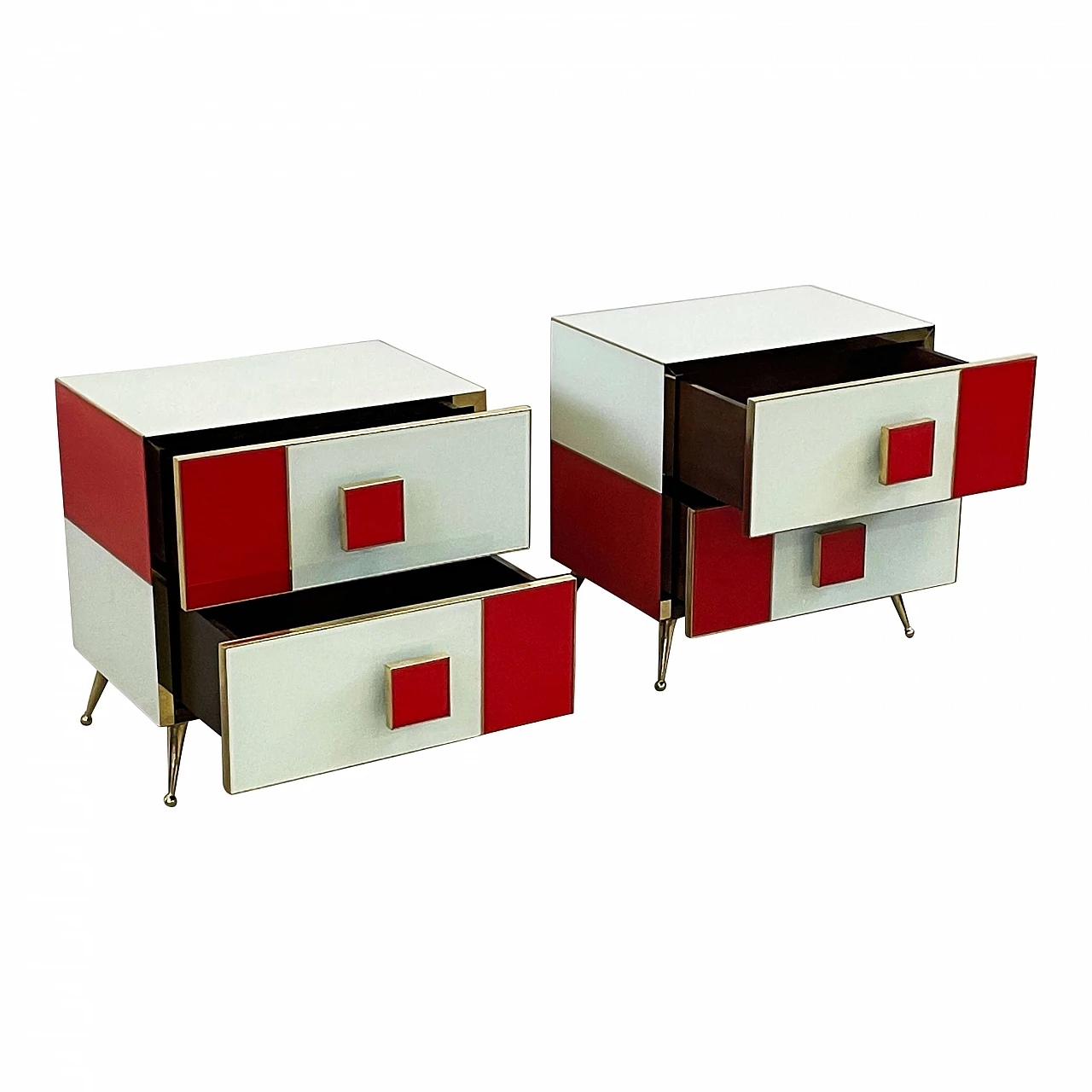 Pair of wood, brass and red and white glass bedside tables 6
