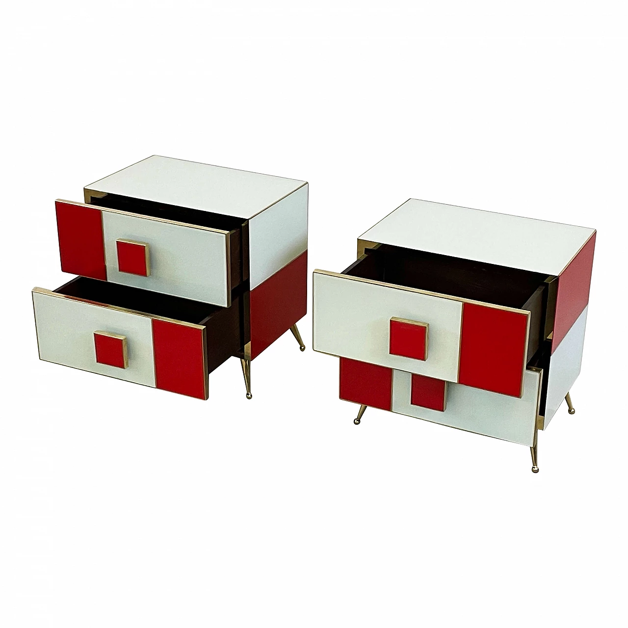 Pair of wood, brass and red and white glass bedside tables 7
