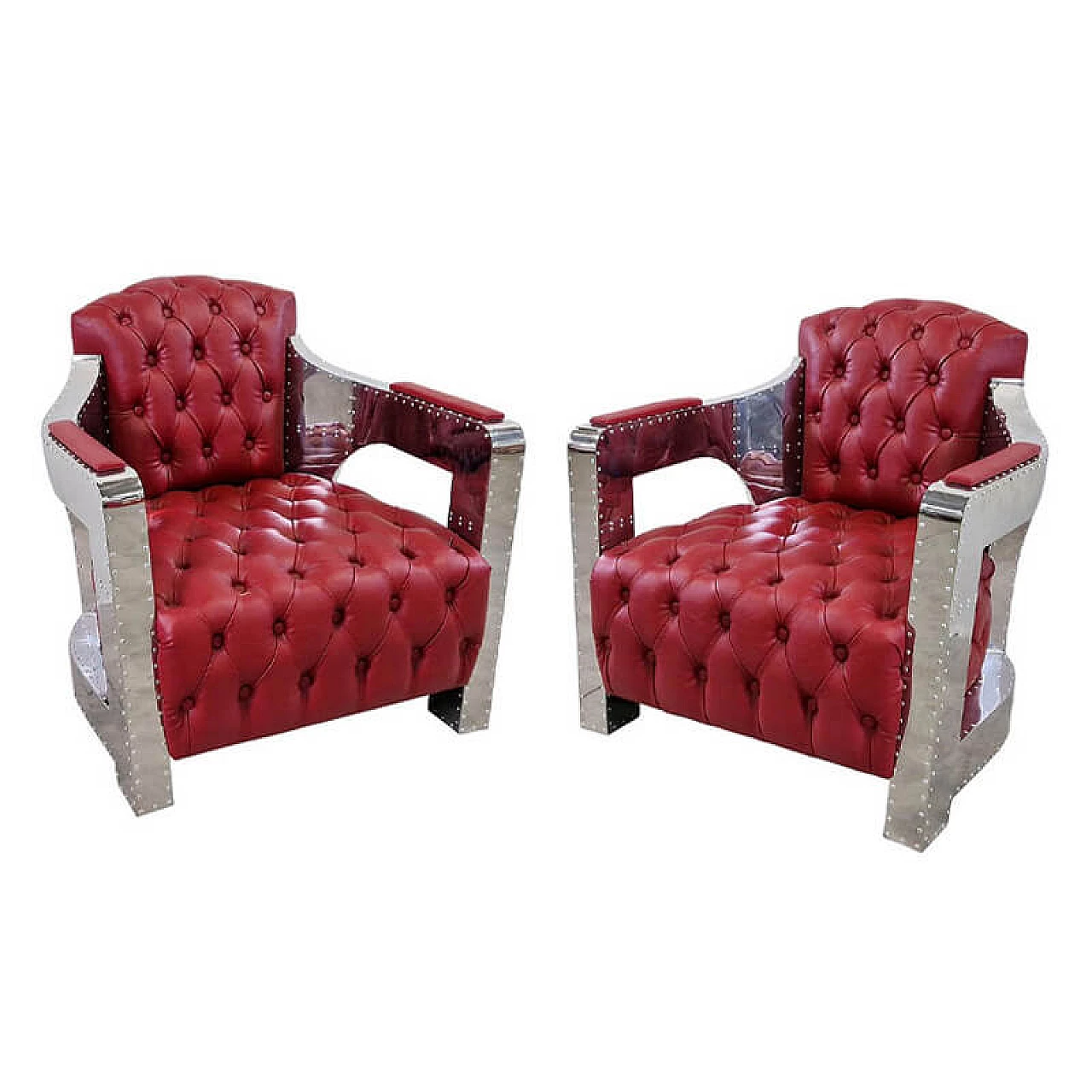 Pair of red leather, wood and steel Aviator armchairs, 1980s 1