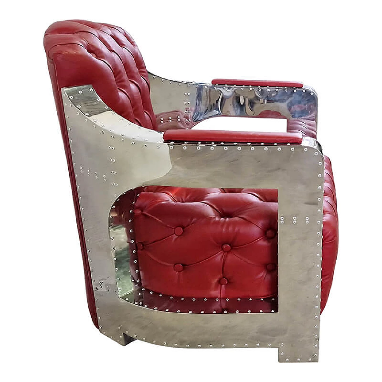 Pair of red leather, wood and steel Aviator armchairs, 1980s 4