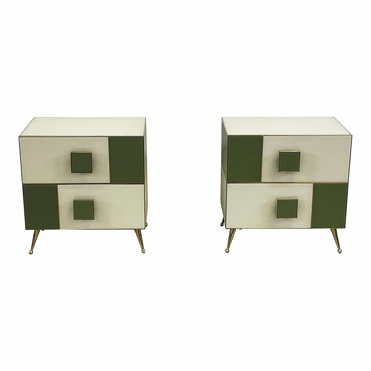 Pair of wood, brass and white and green glass bedside tables 1