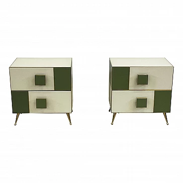 Pair of wood, brass and white and green glass bedside tables