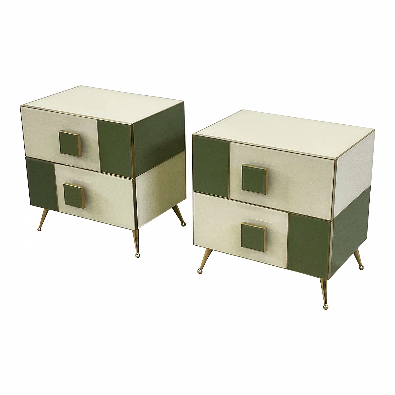 Pair of wood, brass and white and green glass bedside tables 2