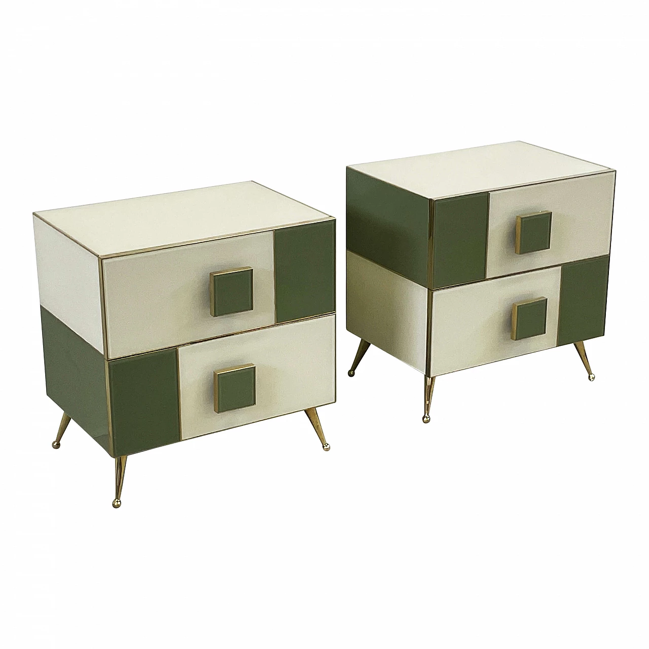 Pair of wood, brass and white and green glass bedside tables 3