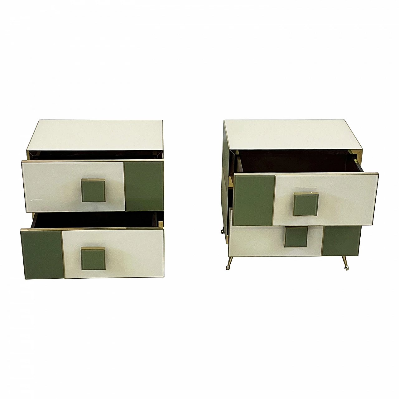 Coppia di comodini in legno, ottone e vetro bianco e verde 4