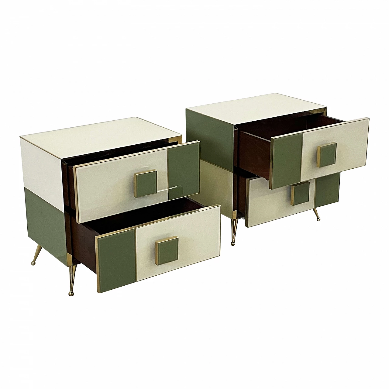 Pair of wood, brass and white and green glass bedside tables 5